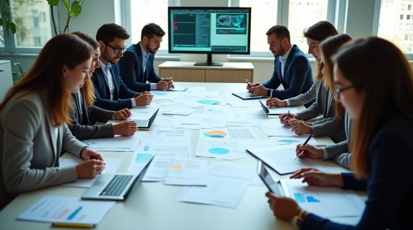 ビジネスプロフェッショナルが法規制の資料を分析している